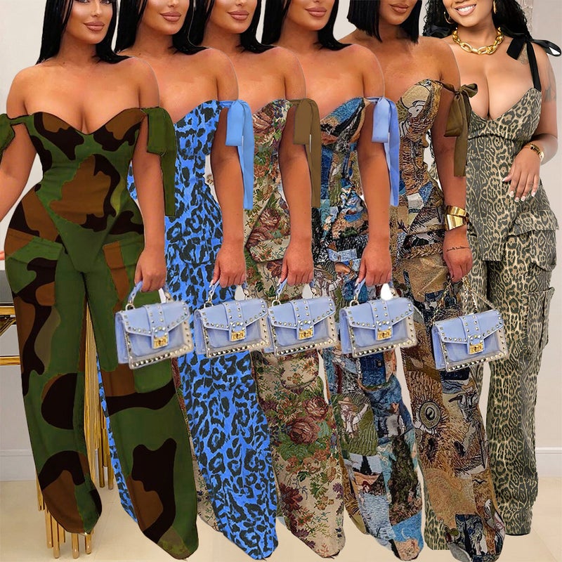 K3296 Printed Oil Painting Pattern Strap Drawstring Multi-Flap Pocket Pants Pants Set - Image 2